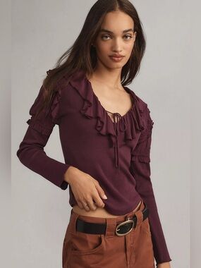 Anthropologie Purple Long-Sleeve Ruffle Top Size Large